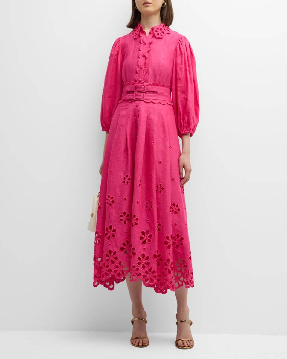 Belted Linen Midi Dress with Floral Cutout Detail